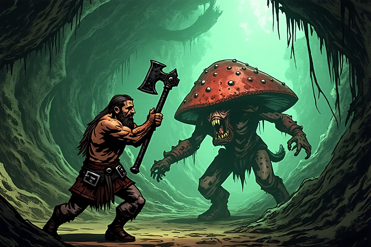 illustration of a dynamic scene of a muscular barbarian with an axe fighting a mushroom monster in ancient jungle ruins in the style of DarkestDungeon
<lora:AvaCadava_DarkestDungeon_FLUX:1>