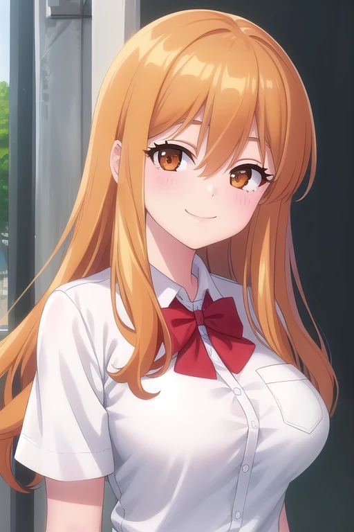 ((masterpiece)),(best quality),official art,extremely delicate and beautiful,extremely detailed CG,unity 8k wallpaper,ultra detailed,beautiful detailed eyes,extremely detailed face,outdoors,1girl,solo,upper body,(portrait:1.5),looking at viewer,facing viewer,smile,Aki Minami,long hair,orange hair,sidelocks,hair between eyes,bangs,brown eyes,school uniform,red bowtie,white shirt,collared shirt,dress shirt,pocket,large breasts,skindentation,short sleeves,miniskirt,green skirt,pleated skirt,black socks,loafers,<lora:Aki Minami(hc):1.2>,