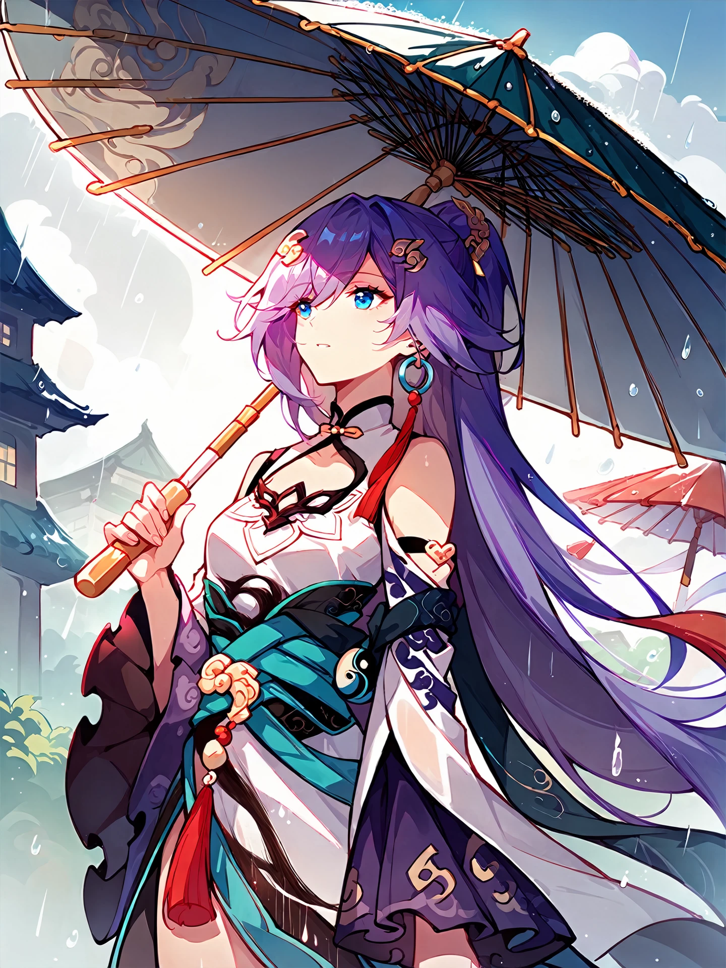 score_9, score_8_up, score_7_up, source_anime, 1girl, solo, <lora:Fu Hua_Azure Empyrea_Pony_v1:0.9>, Fu Hua(AE), chinese clothes, wide sleeves, hairpin, single earring, holding umbrella, oil-paper umbrella, outdoors, raining,