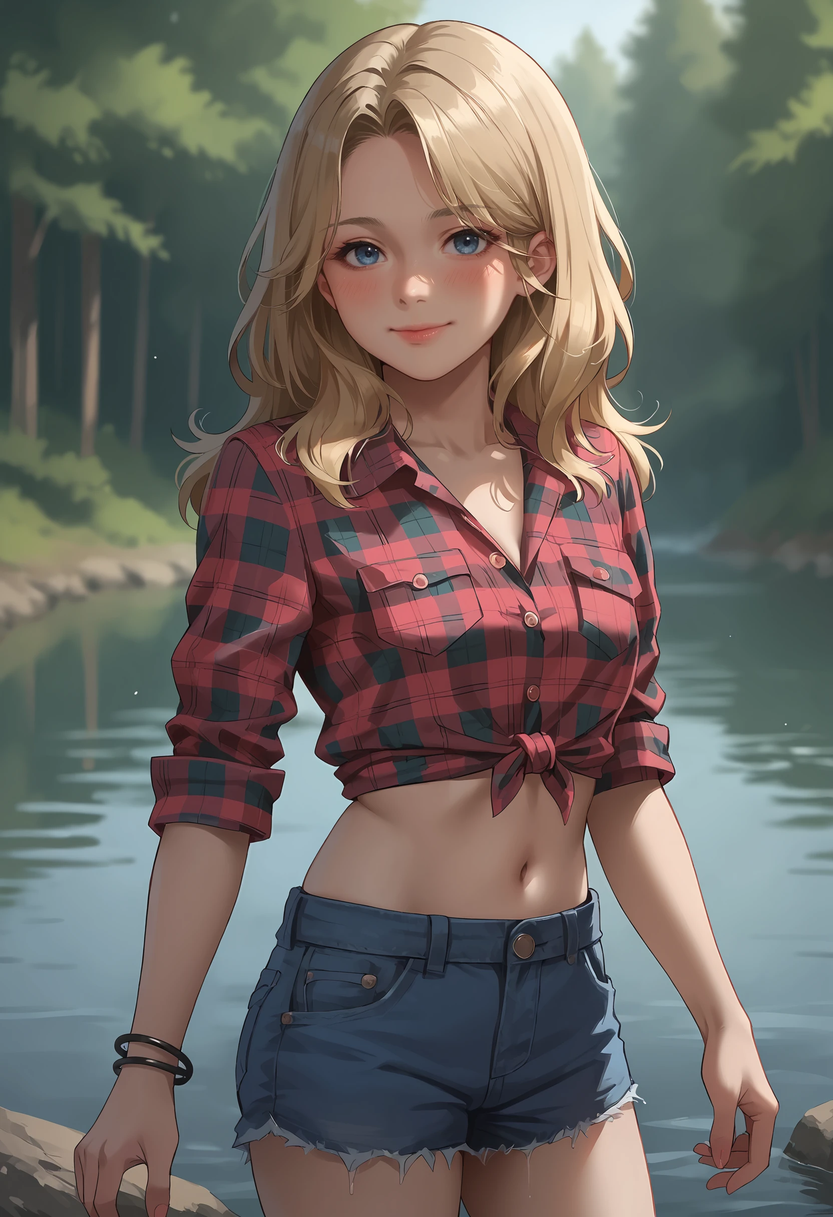 score_9, score_8_up, score_7_up, score_6_up, score_5_up, score_4_up, 1girl, <lora:BeccaWoolettRER:0.75> solo, blue eyes, wavy hair, blonde hair, long hair, looking at viewer, plaid shirt, shirt, plaid, denim, shorts, denim shorts, midriff, navel, standing in water, smile, blush, jewelry, bracelet, 
forest, stream,