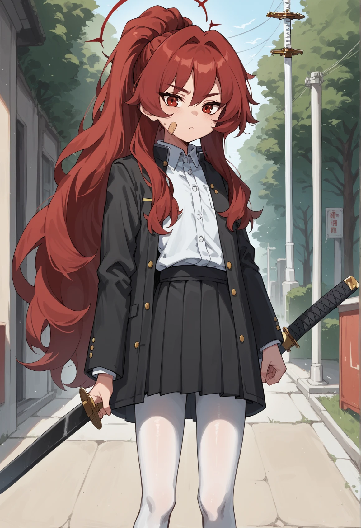 1girl, halo, bandaid on cheek, ponytail, absurdly long hair, red hair, messy hair, sidelocks, red eyes, school uniform, white shirt, black jacket, black skirt, white pantyhose, holding katana, scabbard, looking at viewer, outdoors <lora:ashiharatsumori_koito_project_KV:1>, score_9, score_8_up, score_7_up, score_6_up, score_5_up, score_4_up, BREAK source_anime, masterpiece