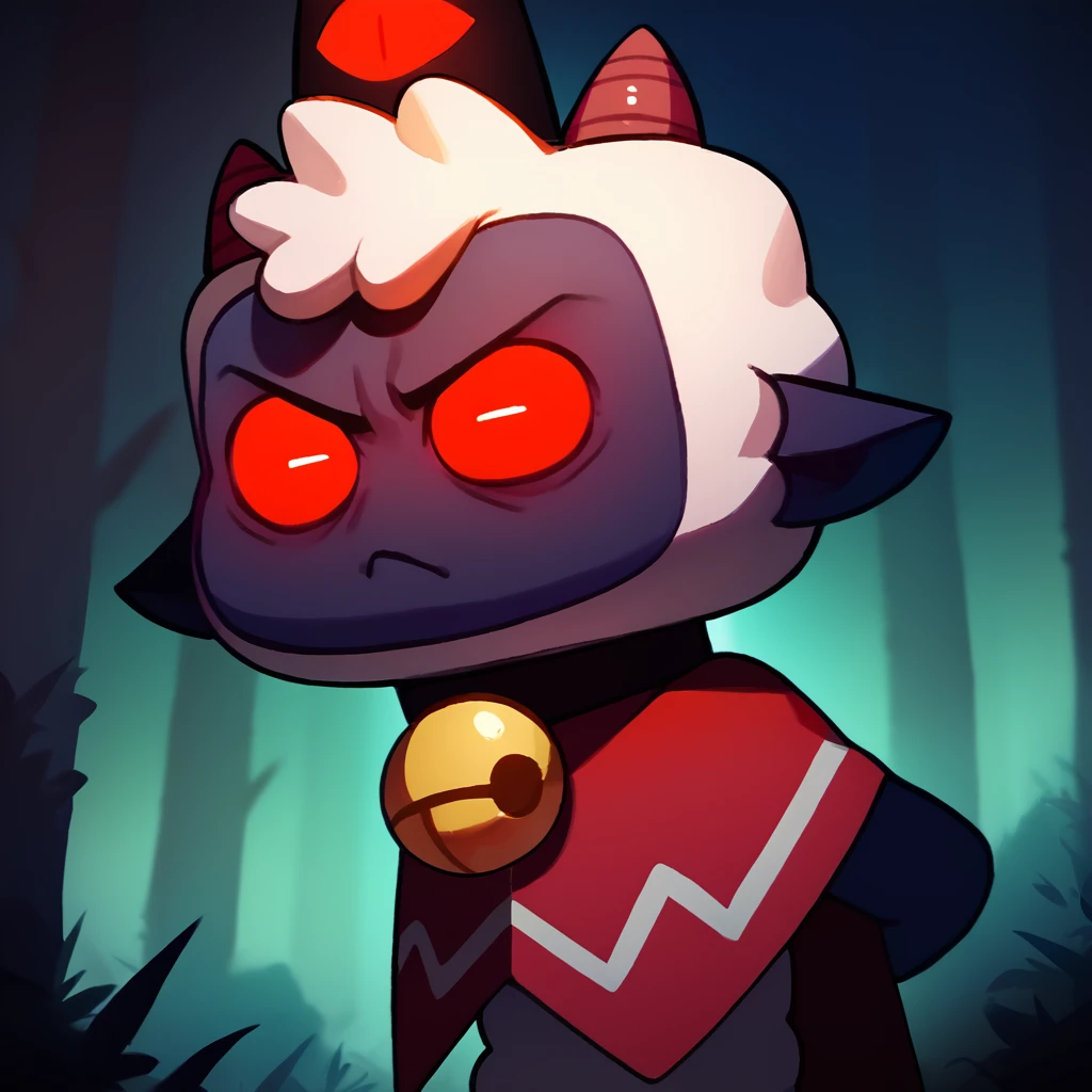 Lamb "Cult of the Lamb", young, small horns, red cloak, black crown, feets whit three toes, detailed body fur, detailed face, detailed eyes, glistering body, shiny body, gorgeous body, masterpiece, high quality, standing, looking at you, forest, night sky, white hair,