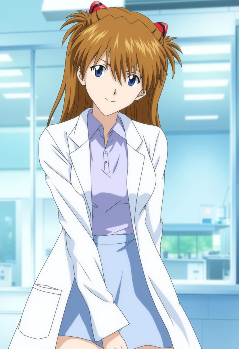 A detailed solo portrait of ppasuka. She has chestnut brown  hair.
ppasuka, in doctor's lab coat, shirt and tapered skirt. She looks serious and professional. Inside a modern hospital, she looks at the camera and shows a beautiful smile. 
anime still, highly detailed. No flat color, no hand drawn, no fan art.
anime.
 <lora:Asuka_Langley_flux_prototype_v2-000010:1>