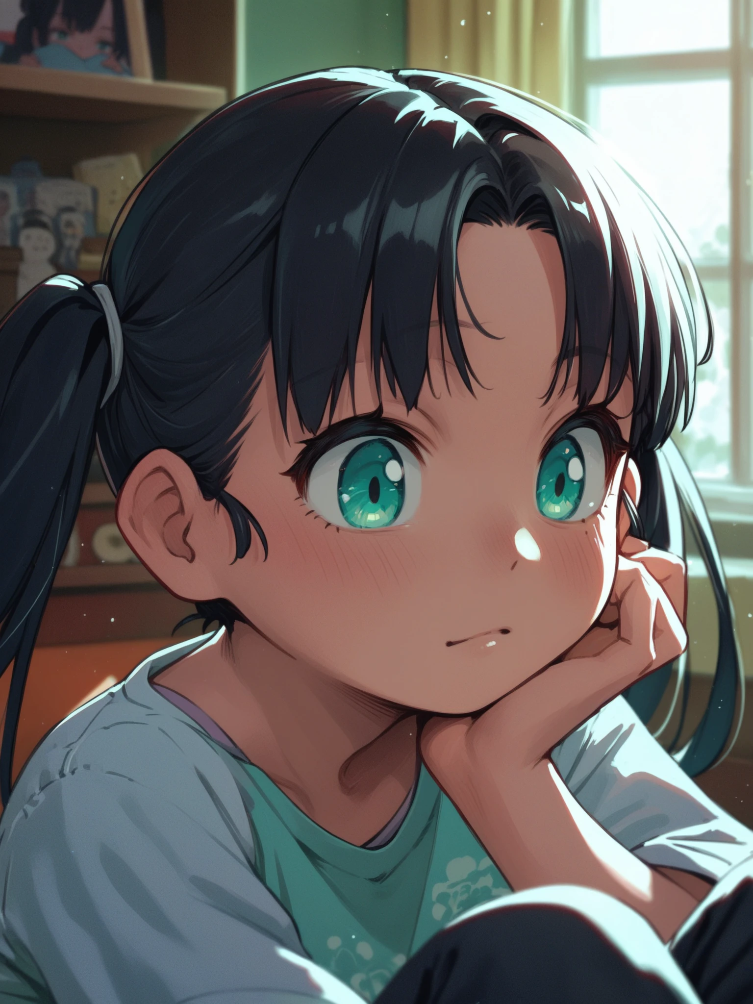 <lora:happy_tentacle-minori-v0.2-000027:1> , ht_minori, twintails, black hair, aqua eyes, shirt, pants , indoors, 1girl, solo, upper body , , (:P :1.1), , looking down , sitting , facing viewer , score_9, score_8_up, score_7_up, score_6_up, score_5_up, score_4_up