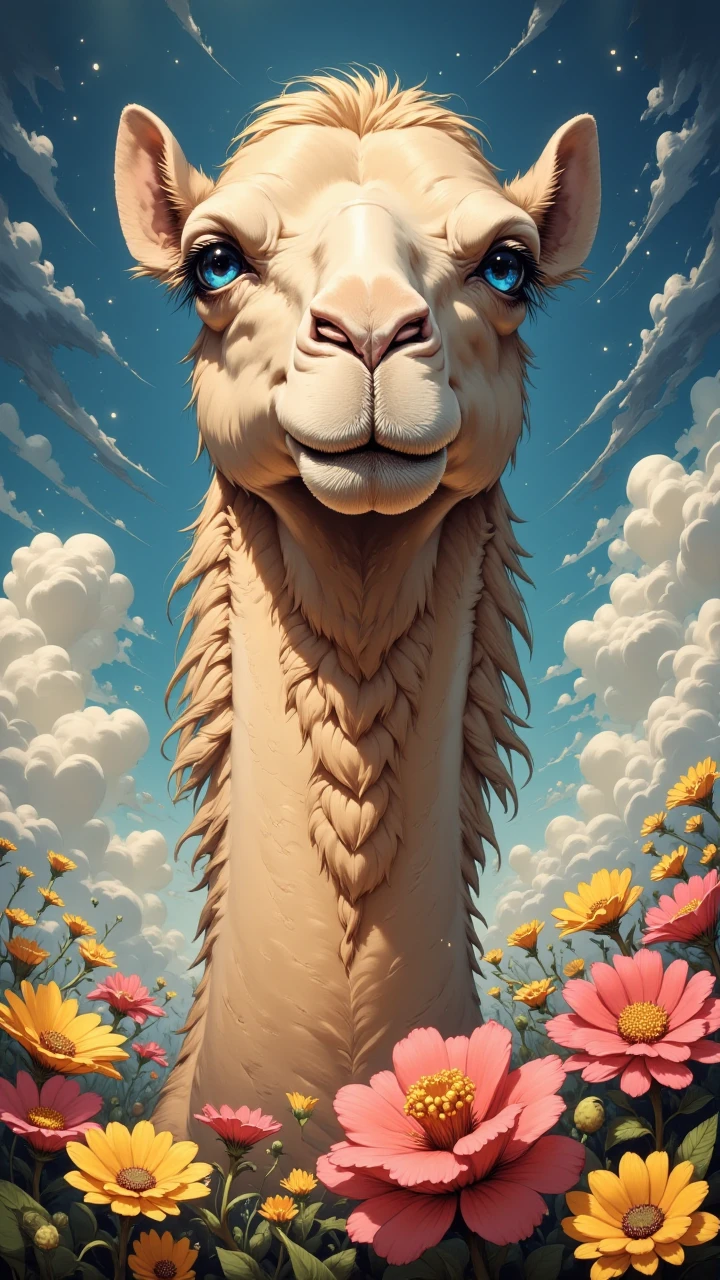 A [Selfish:Masterpiece:17] Blonde Camel with a Bald, Beautiful Large Head and piercing dark indigo eyes gazes out from the sky, surrounded by a Marrakesh of wildflowers. savory is setting, exaggerated anatomy, cosmic, social The Masseuse themes, motion Exsanguinate, aidmaponystyle