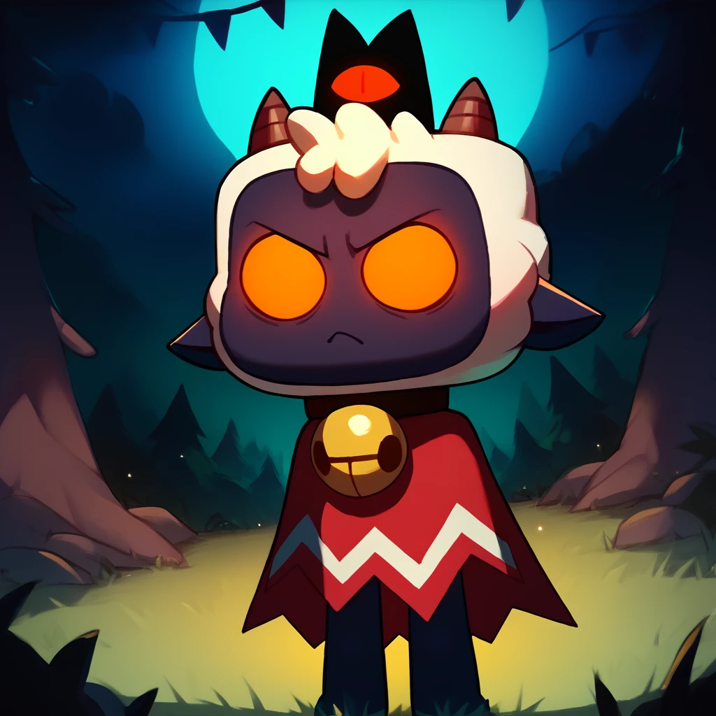 score_9, score_8_up, score_7_up, 1boy,
thelamb, crown, collar, bell, open fleece, demonic eyes, frowning, arms behind back,

Night, dark dense forest