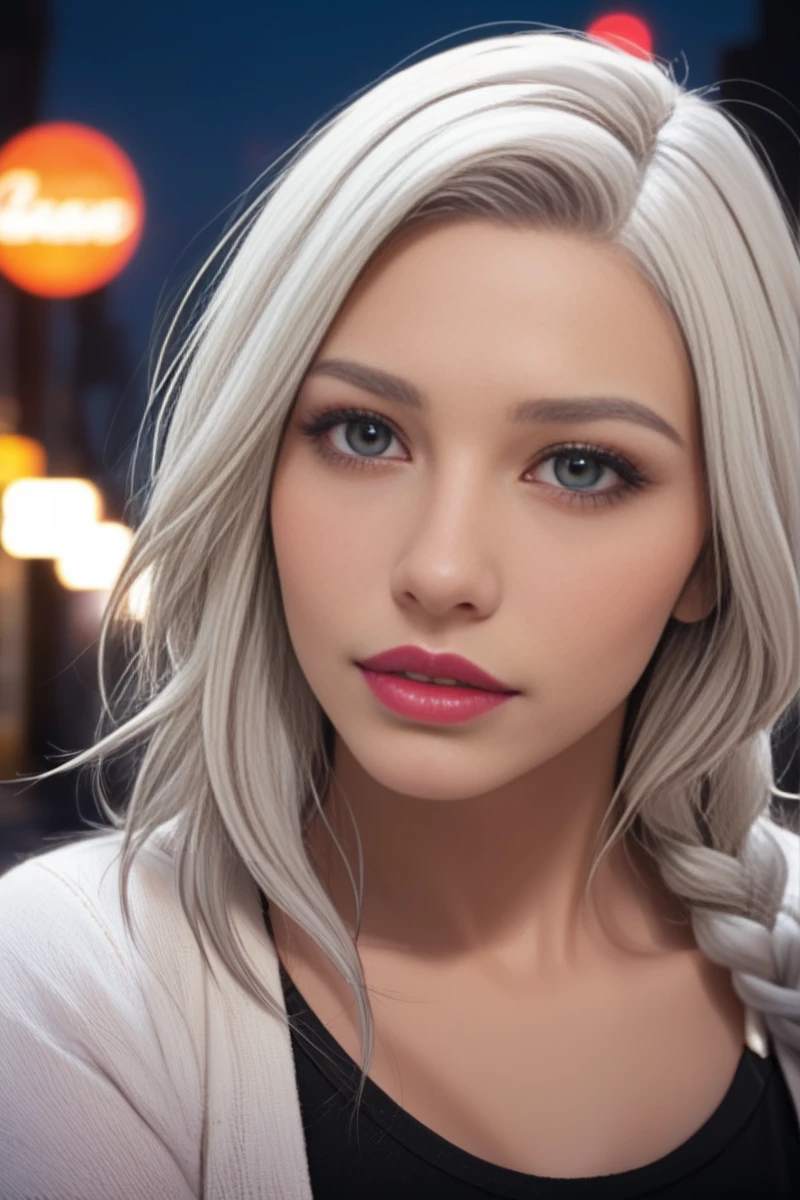 Ga-Hee JO, score_9, score_8, score_7, source_anime, GaHeeJoDove, 1woman, black dress, grey open cardigan, looking at viewer, city street, late at night, <lora:GaHeeJoDoveV2:0.9>, white hair, single braid, close-up, realistic