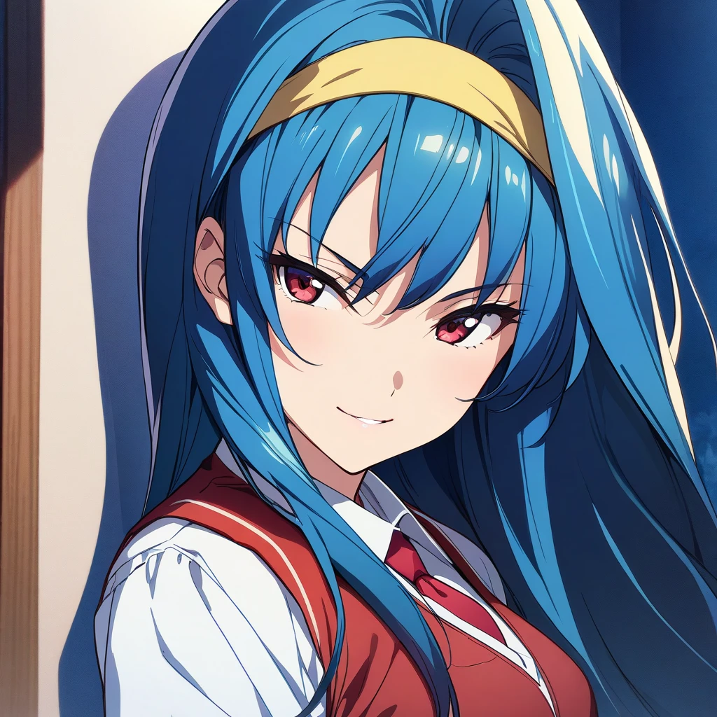 (masterpiece),(best quality),(ultra-detailed),(best illustration),(best shadow),(absurdres),(detailed background),(very aesthetic),
saki_tsuzura, blue hair, long hair, red eyes, yellow hairband, medium breasts, white shirt, red vest, red necktie, upper body, portrait, from the front view, seductive smile, anime coloring
<lora:XL-SakiTsuzura:1>