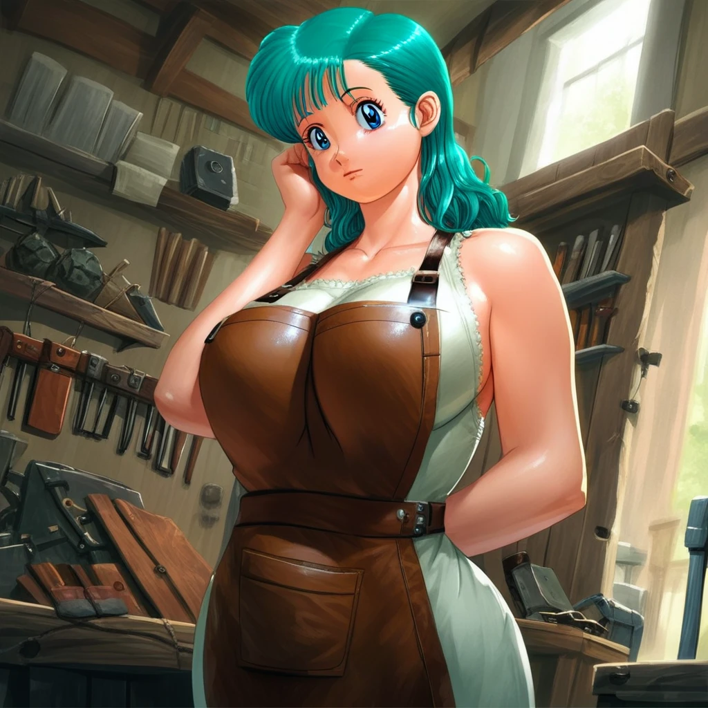 source_anime,  artist style:Urushihara Satoshi, source_hentai, source_dbz, 1woman, looking at viewer, facing viewer, score_9, score_8_up, score_7_up, score_6_up, BL4CKSM1TH, blacksmith, apron, leather, BREAK, 1girl, solo, bulma, milf, large breasts, black_apron, aqua_hair, blue_eyes, perfect face, perfect eyes, sexy, sexy girl, seductive, beautiful eyes, petite body, wide hips, large breasts, posing, dynamic angle, dynamic, workshop, anvil, flames, retro_artstyle