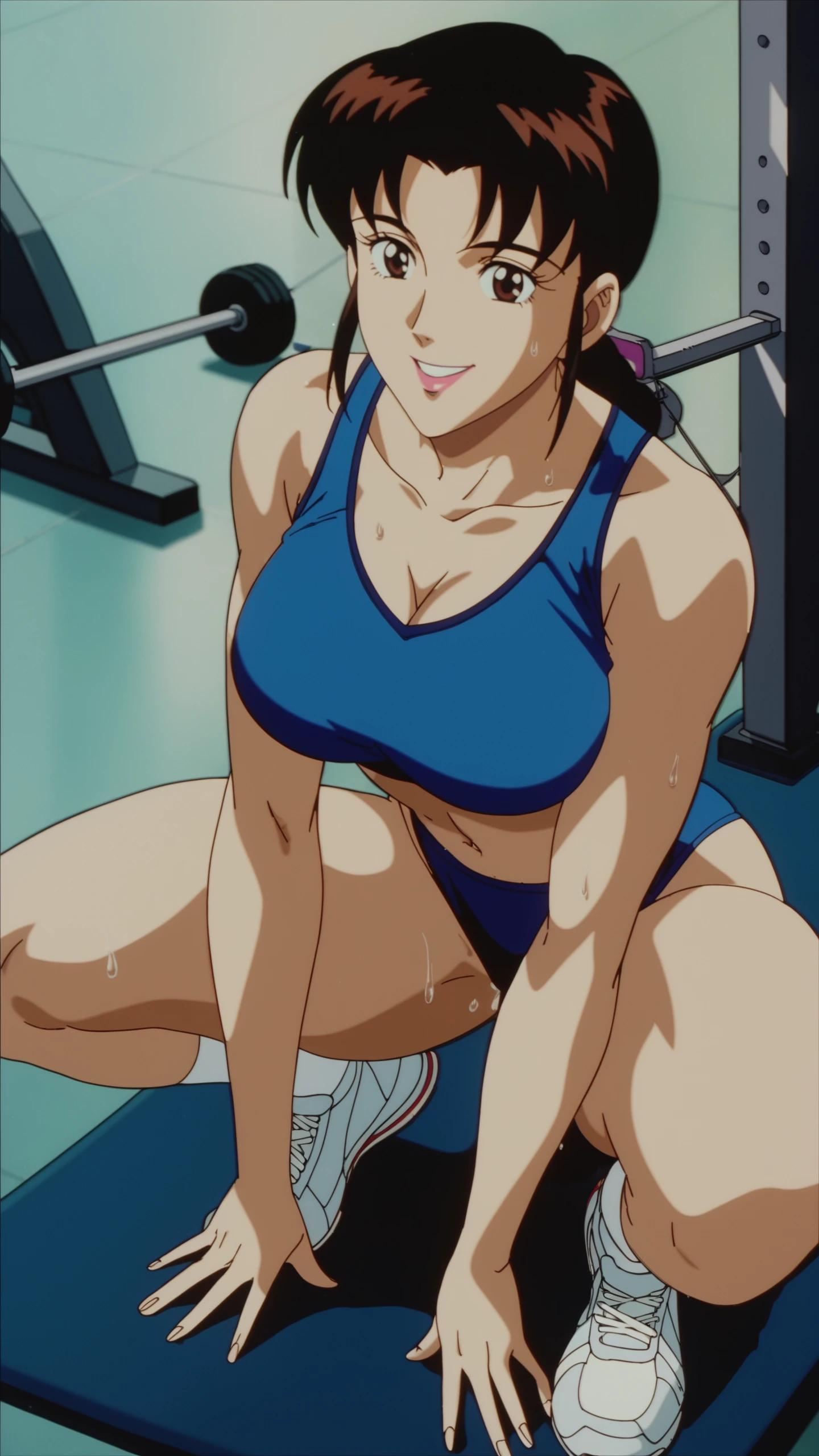 Analog style, vhs style, Dvd screengrab, old anime, classic anime, masterpiece, best quality, 1girl, gym girl doing squat, gym, dripping wet crotch, milf girl, sexy, fitness, nsfw, sweat, smooth skin, sideways glance, extremely detailed 8K, high resolution, ultra quality, highly detail eyes, highly detail mouth, perfect face, perfect eyes, perfect mouth, both eyes are the same, foreshortening, smile, score_9, score_8_up, score_7_up