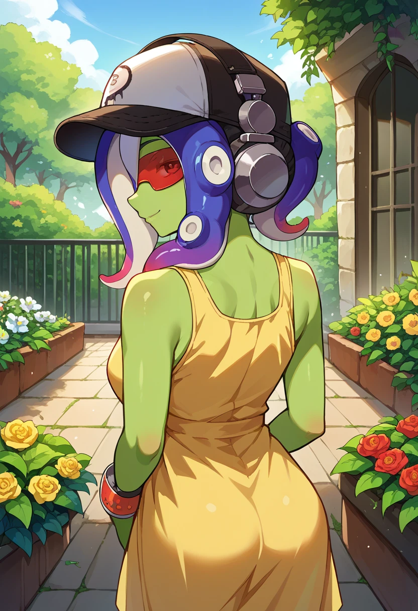 score_9, score_8_up, source_anime, 1girl, solo, Dedf1sh, green skin, tentacle hair, multicolored hair, baseball cap, two-tone headwear, headphones, red-tinted eyewear, from behind, yellow sundress, garden, day, sunshine, smile, looking back <lora:ChamDedf1shPonyXL:1>