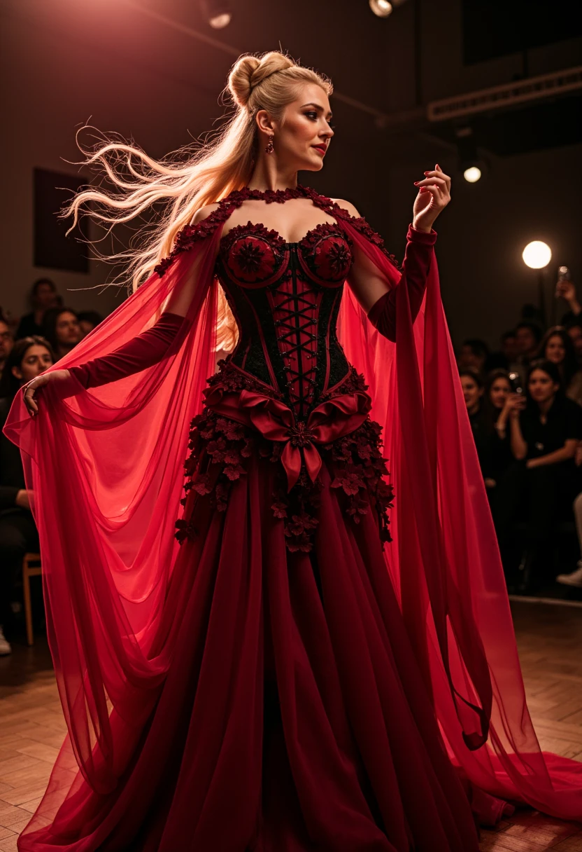 A woman with flowing long blonde updo hair, dark makeup, gazes at the viewer softly. her red and black dress is hud_m0thern4ture, a stunning full-length gown with a fitted bodice and a flared skirt. consisting of a corset, see-through hooded cape. the setting is a she is dancing flamenco onstage, cinematic 