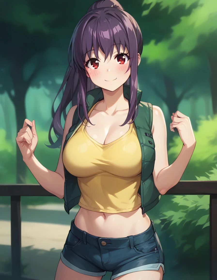 score_9,score_8_up,score_7_up,score_6_up BREAK official art,solo,outdoors,upper body,(portrait:1.5),looking at viewer,facing viewer,smile,blush,Natsuki Kitamura,long hair,purple hair,ponytail,sidelocks,bangs,red eyes,collarbone,cleavage,green vest,yellow tank top,sleeveless,large breasts,navel,denim shorts,short shorts,boots,<lora:Natsuki Kitamura(hc)-Pony:1.5>,<lora:Smooth Anime Style LoRA XL:0.8>,