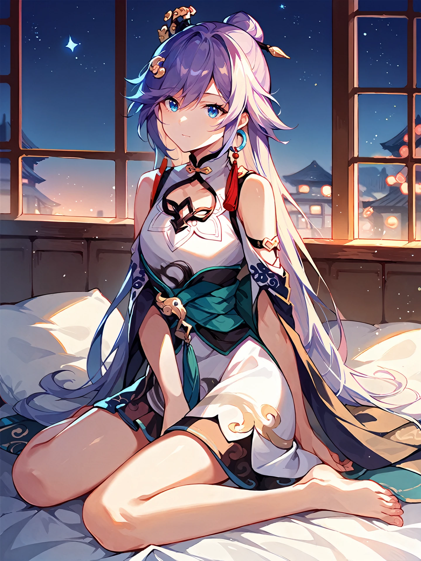 score_9, score_8_up, score_7_up, source_anime, 1girl, solo, Fu Hua(AE), chinese clothes, hairpin, single earring, portrait, bed, sitting, <lora:FH_AE_PONY_v1:0.85>, window, star \(sky\), adjusting clothes, barefoot, night,