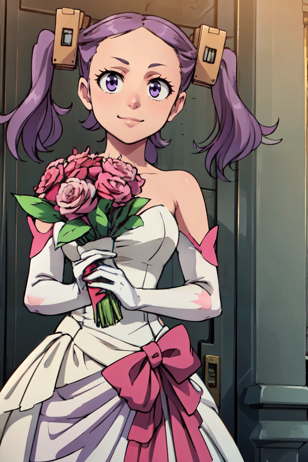 ((masterpiece,best quality)), absurdres,  BREAK, , <lora:Wahanly_Shume_Tenchi:0.8>, Wahanly_Shume_Tenchi,  1girl, solo, long hair, purple hair, twintails, purple eyes, hair ornament, , BREAK, bride, wedding dress, bridal veil, strapless dress, elbow gloves, holding bouquet,, BREAK, solo, smile, looking at viewer, cowboy shot,