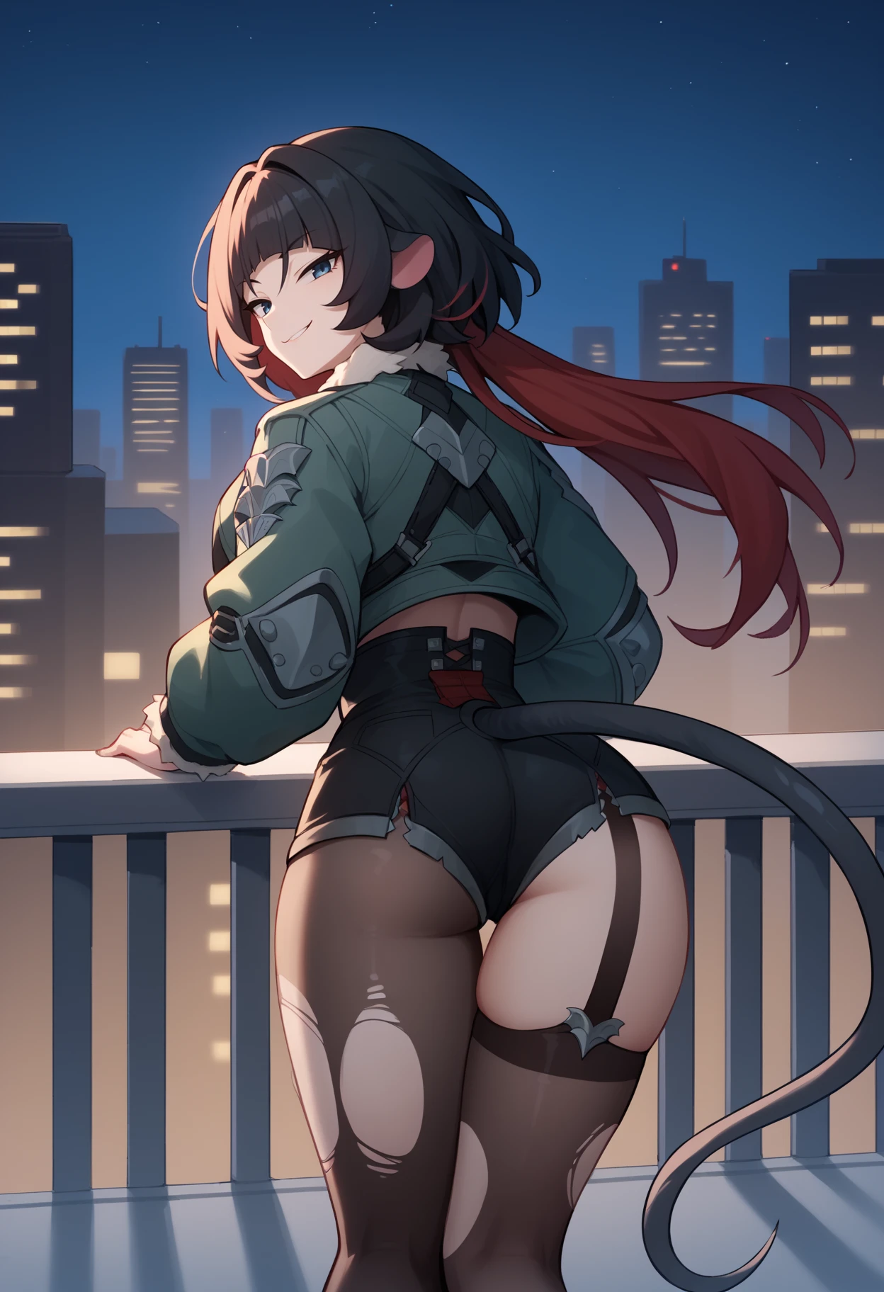 score_9, score_8_up, score_7_up, BREAK,
1girl, janedoe, bangs,  black hair, blue eyes, red hair, long hair,
mouse ears, tail,
fur-trimmed jacket, green jacket, high-waist black shorts, long sleeves, single leg pantyhose, torn pantyhose, torn thighhighs,
smirk, from behind, looking back, city, rooftop, night  <lora:JaneDoeXL_byKonan:1>