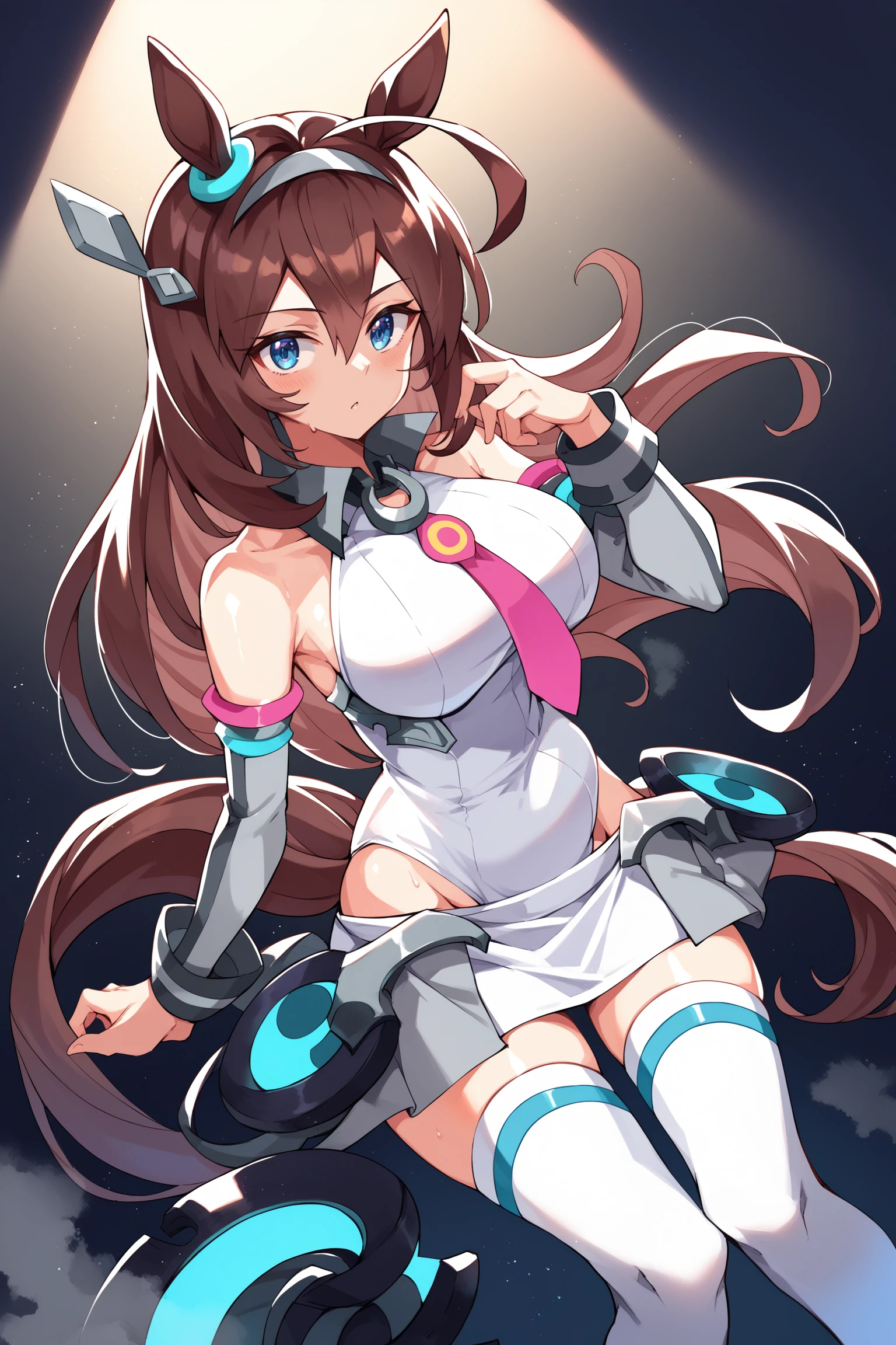 score_9, score_8_up, score_7_up, , rating_general ,1girl ,long hair, ahoge, blue eyes, horse ears, horse tail, hair ornament, ear blue ring, white hairband, horseshoe necklace, pink necktie, collared leotard, white highleg leotard, glowing ring, detached sleeves, lowleg skirt, waist rigging, tail floating ring, white thighhighs, blue anklet, mechanical boots, indoors, source_anime, <lora:MihonoBourbonPDCAMEq5v1 UMA:1>, cowboy shot, abstract, spotlight, alluring, shiny skin, in heat, steaming body ,