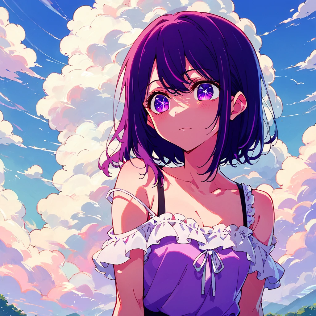 score_9, score_8_up, score_7_up, score_6_up,hoshinoai,purple_eyes, off shoulder,sky,clouds,sleeveless dress