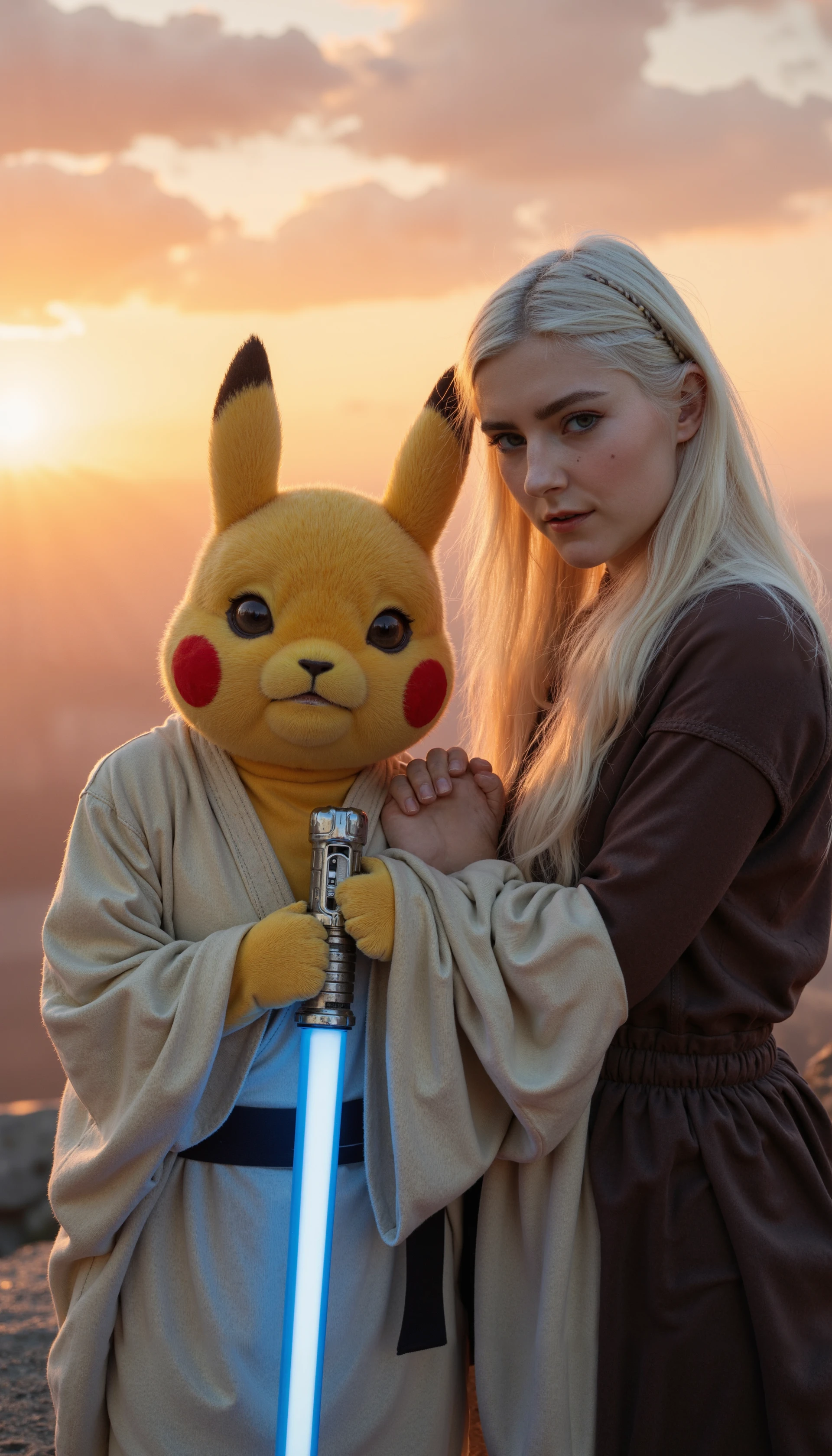 p3r5on with pale skin and long, platinum blonde hair standing close to a Pikachu cosplaying as Luke Skywalker, wearing detailed Jedi robes, standing on a rocky hilltop at dawn, holding a blue lightsaber with both paws, sunrise casting dramatic golden light, ultra-high-definition textures, detailed fur illuminated by the early morning light, focused and determined expression, epic cinematic composition, glowing lightsaber with realistic lighting effects, intricate fabric details on the Jedi robes, soft glowing sun, high contrast shadows, photorealistic fur, atmospheric depth, warm orange and pink hues in the sky, detailed rock textures














