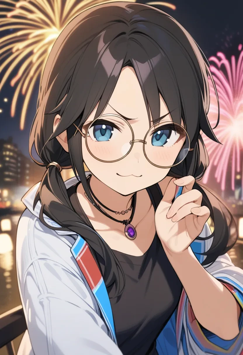 y_mitsumine,
1girl, fireworks, glasses, solo, twintails, looking at viewer, smile, closed mouth, smile, shirt, jewelry, aerial fireworks, long hair, collarbone, necklace, upper body, outdoors, hand up, striped, bangs, low twintails, black shirt, round eyewear, jacket, night, blush, black hair, blue eyes, jitome, v-shaped eyebrows, :3,
masterpiece, best quality, very aesthetic, absurdres
 <lora:y_mitsumineXL_animagine:1>