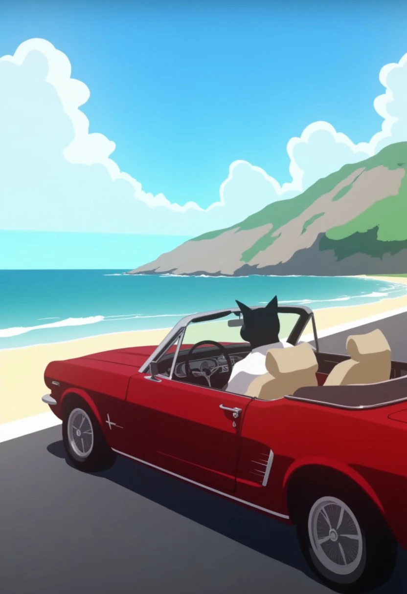 lonediggerstyle, an anthro cat driving a convertible car next to a beach.