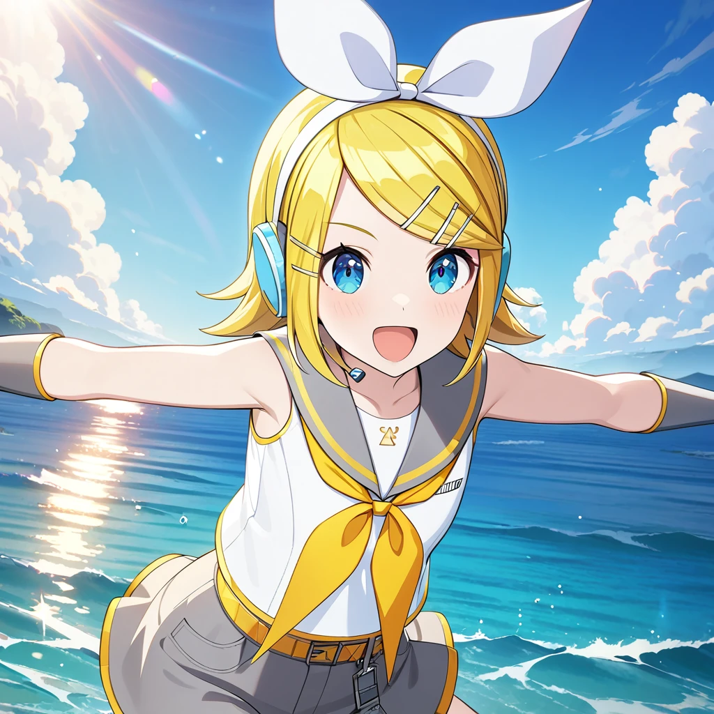 1girl, kagamine rin, vocaroid, masterpiece, very aesthetic, absurdres, official art, newest,
default rin, solo, blonde short hair, blue eyes, swept bangs,  cowboy shot, jumping, 
looking at viewer, :D, arms up, outstretched arms, BREAK
headphones, hair ornament, hairclip, headset, white shirt, sleeveless shirt, grey sailor collar, yellow neckerchief, white hair ribbon, 
beautiful blue sky, sea, sunshine, clear water, 
 <lora:sdxl-vs-DefaultRin01:0.8:lbw=0,0,0.2,0.2,0,0.4,0.4,0,0.8,0.8,0,0,0,0.8,0.8,0.6,0.8,0.0,0.0,0.0,0,0,0,0,0,0>