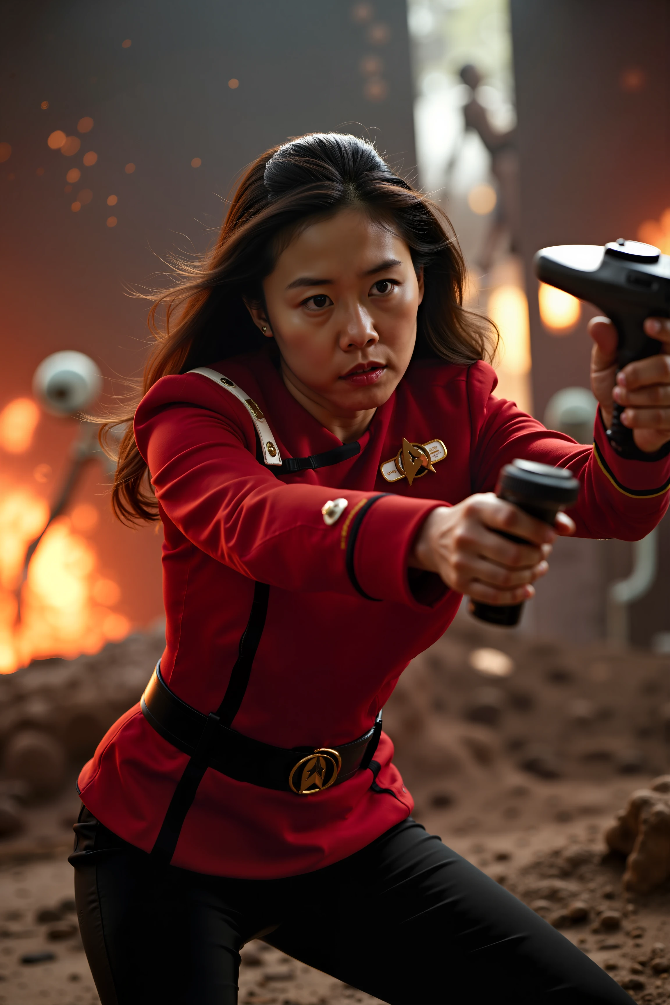 A high-quality action photo scene featuring an Asian woman in a red TWOK uniform with black pants engaged in a dramatic encounter with an alien. The woman, with an intense and focused expression, is in mid-action, deftly wielding a futuristic tricorder or phaser. Her uniform is detailed and pristine, with the vibrant red color standing out against the dramatic background. The alien, depicted with striking, otherworldly features such as luminescent skin, multiple eyes, or unusual appendages, is shown in a dynamic pose, perhaps in mid-leap or emitting a burst of energy. The interaction between the two characters is tense and thrilling, set against a visually stunning backdrop—such as a futuristic, crumbling space station or an alien landscape filled with vibrant colors and dramatic lighting effects. The scene is filled with high-energy movement and vivid details: sparks flying, futuristic gadgets glowing, and dynamic lighting that emphasizes the intensity of the action. The photo captures the excitement and high stakes of the moment, blending sci-fi adventure with high-quality, cinematic realism.
