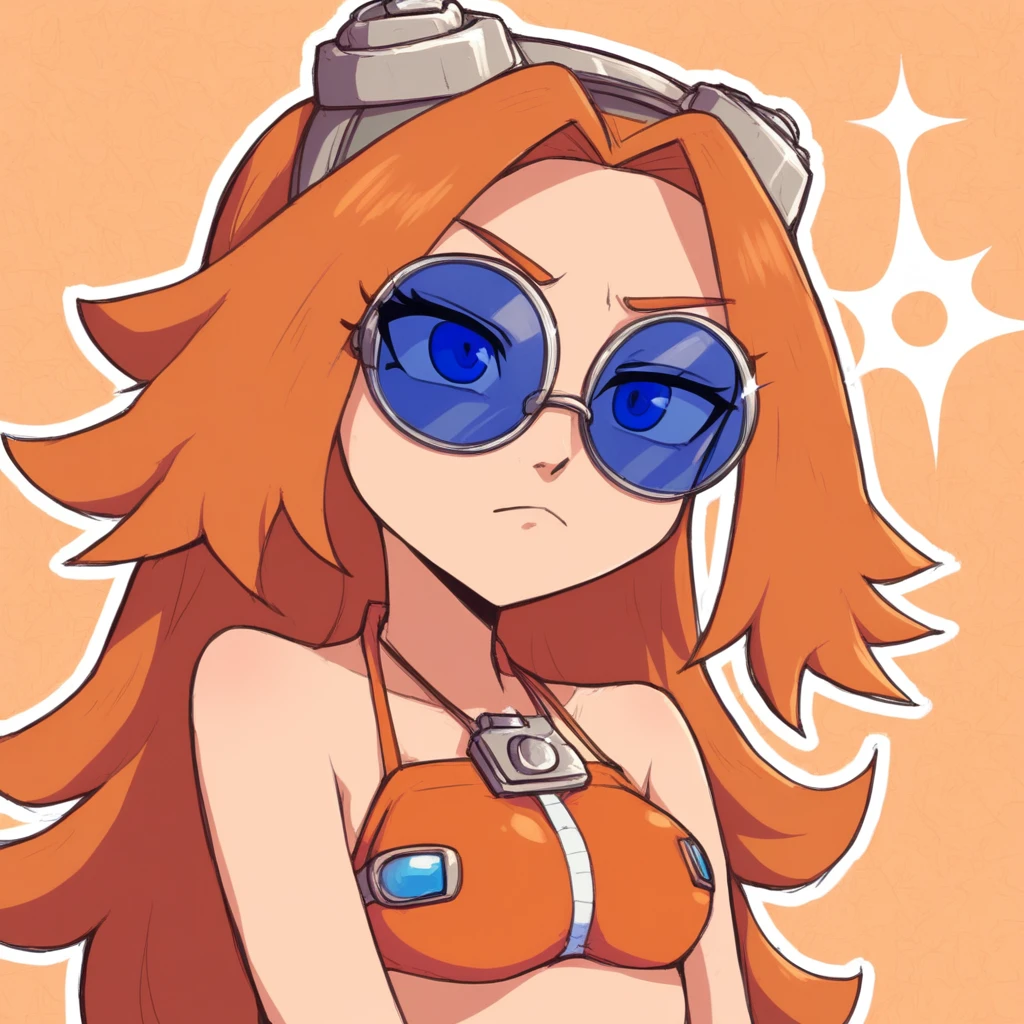 1girl, solo focus, blue eyes, orange hair, long hair, parted bangs, sunglasses, round eyewear, blue-tinted eyewear, goggles, goggles on head, bikini,