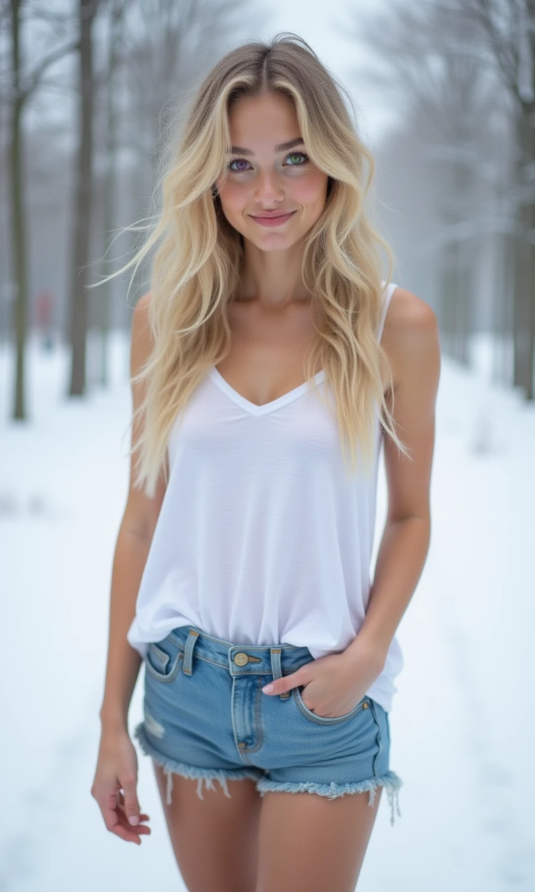 A young woman with blonde hair and heterochromia, featuring one purple eye and one lime green eye, standing in a snowy winter landscape, wearing a loose-fitting white tank top and short jeans, posing with a friendly smile, her arms akimbo and one leg slightly bent, surrounded by snow-covered trees and a subtle mist in the background.