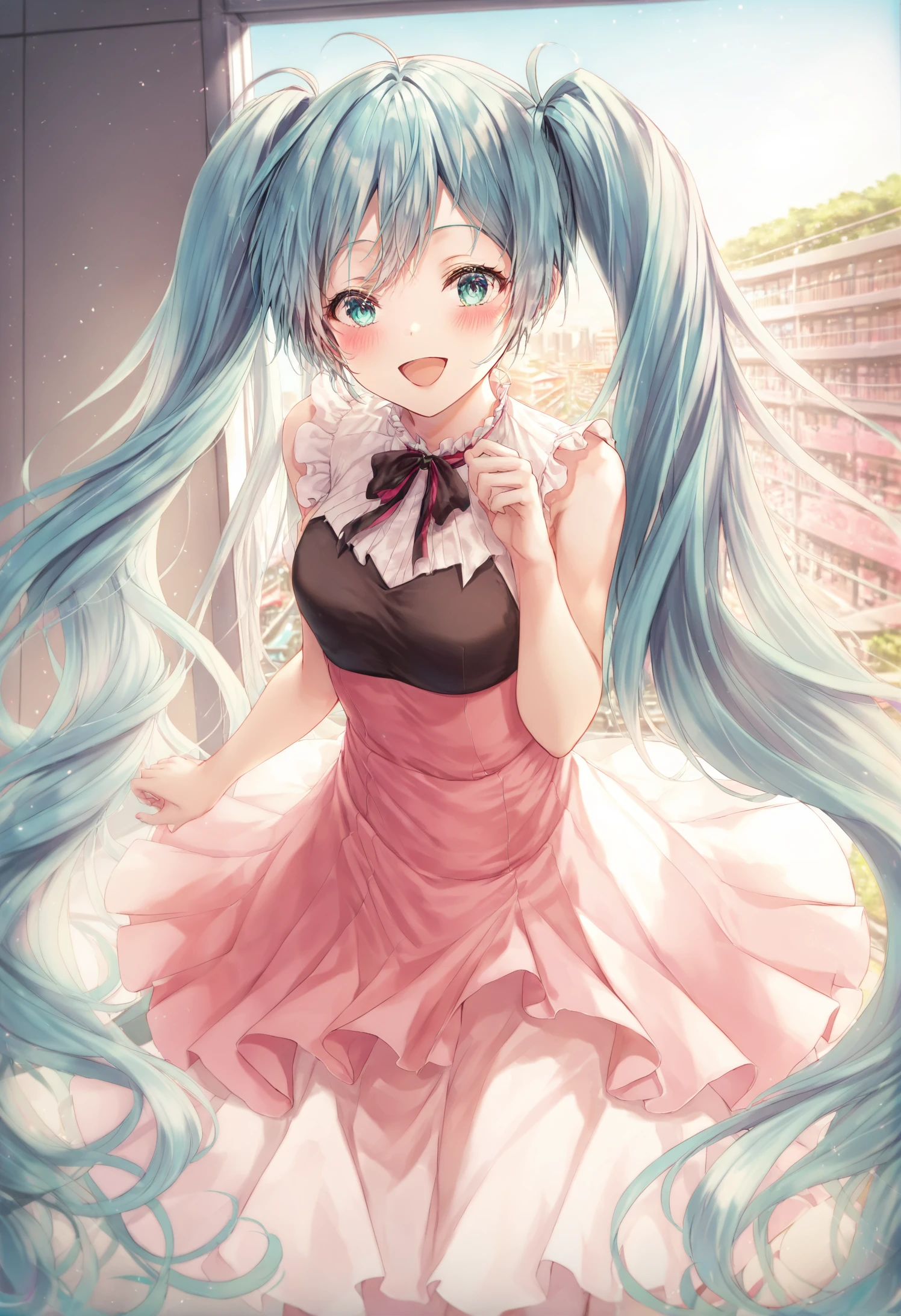 masterpiece, best quality, 1girl, long hair, solo, hatsune miku, twintails, very long hair, dress, colorful, scenery, smile, open mouth 
 <lora:RohaXLlokr4f-000176:0.95>