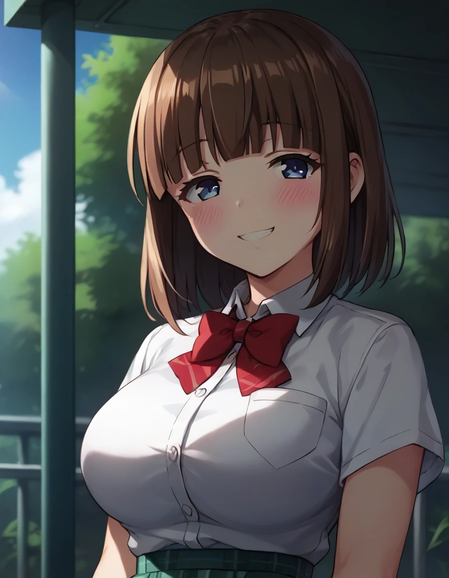 score_9,score_8_up,score_7_up,score_6_up BREAK official art,solo,outdoors,upper body,(portrait:1.5),looking at viewer,facing viewer,smile,blush,Toko Saionji,medium hair,brown hair,shiny hair,bob cut,sidelocks,blunt bangs,blue eyes,school uniform,red bowtie,white shirt,collared shirt,dress shirt,pocket,large breasts,skindentation,short sleeves,miniskirt,green skirt,pleated skirt,plaid skirt,black socks,loafers,<lora:Toko Saionji(hc)-Pony:1.5>,<lora:Smooth Anime Style LoRA XL:0.8>,