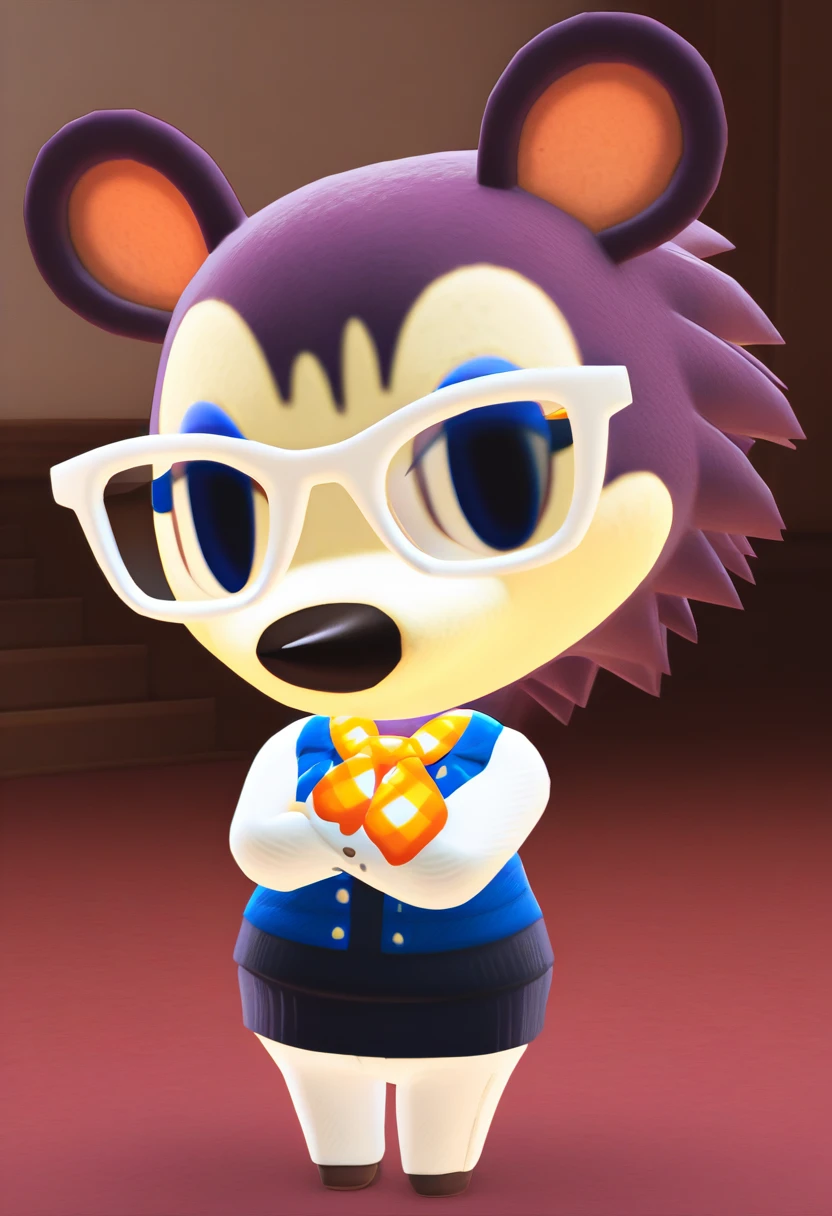 <lora:Label_AnimalCrossing-06:1> score_9, score_8_up, score_7_up, source_furry BREAK, label_animalcrossing, furry female, hedgehog girl, 1girl, solo, indoors, standing, crossed arms, looking at viewer, 3d, chibi, glasses