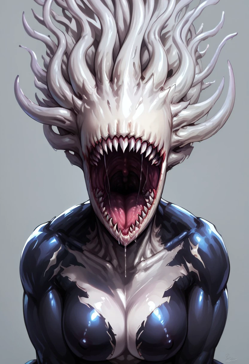 score_9, score_8_up, score_7_up, 1girl, solo, (BCSymbiote, monster girl, tentacle hair, symbiote, eyeless, tentacle hair, white face, black body, white body, two tone body, sharp teeth, open mouth, mouth shot, mouth focus, tongue, looking at viewer), saliva, grey background, simple background, 4k, masterpiece, best quality, highly detailed, realistic, uncensored