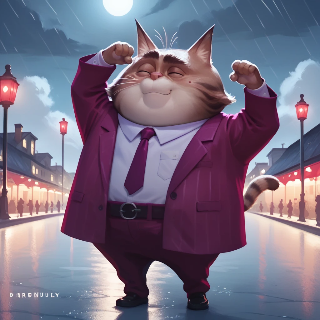 score_9, score_8_up, score_7_up, score_6_up, highres, dutch angle, outdoors, night, dark, rain, cloudy sky, city, public, <lora:jerry-v1-18:1> stwojerry, cat man, 1boy, purple formal, dancing, solo