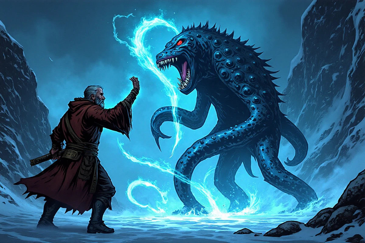 illustration of a dynamic scene of a wizard fighting a tentacle monster with powerful magic in an area of snow and ice in the style of DarkestDungeon
<lora:AvaCadava_DarkestDungeon_FLUX:1>