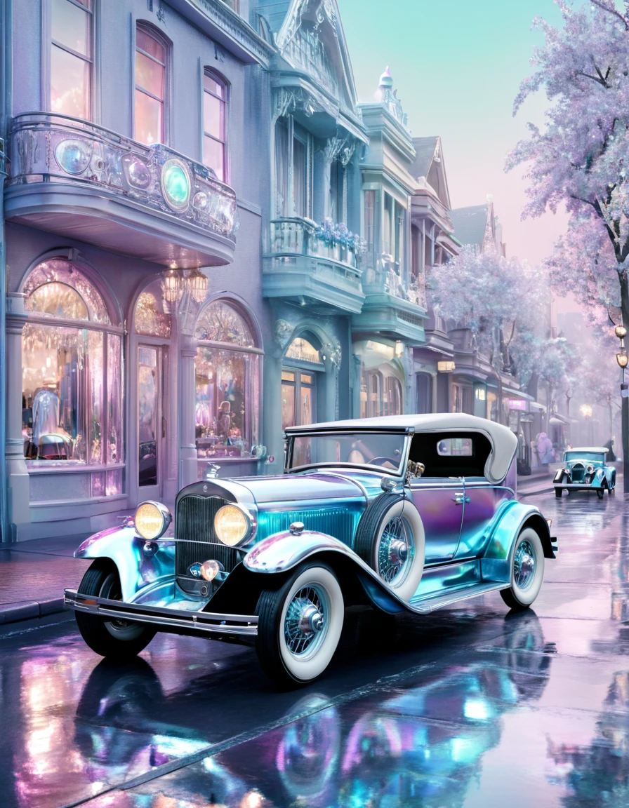 novuschroma84 style iridescent 1920s street lined with vintage cars  <lora:novuschroma84 style:1>