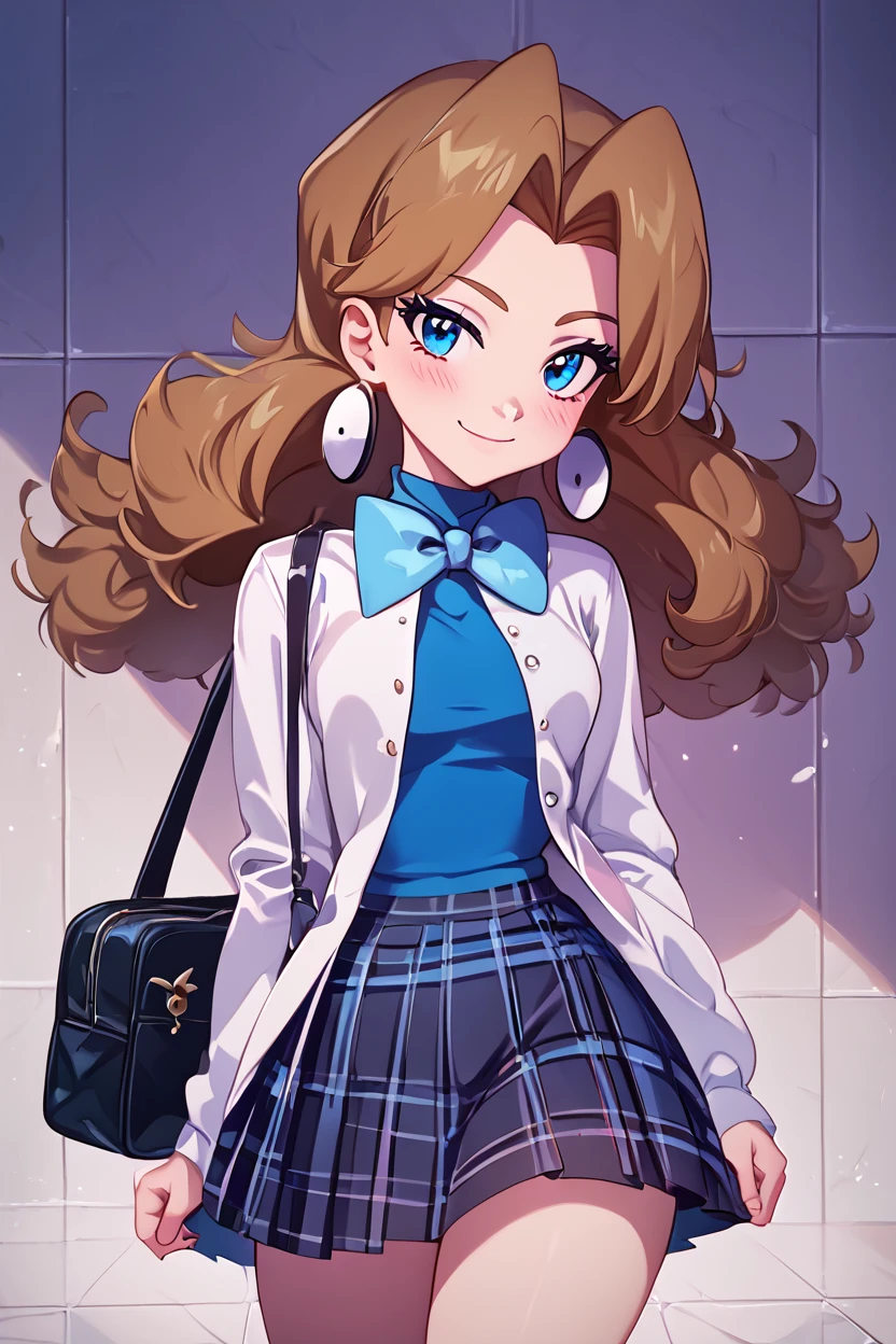 score_9, score_8_up, score_8, medium breasts, (curvy), cute, eyelashes,       BREAK, , <lora:Molly_Pokemon_PDXL:0.8>,  zzMolly,  blue eyes, brown hair, parted bangs, long hair,  blue dress,  jewelry, earrings, blue bowtie, sleeveless, blue bow, white coat,  , BREAK, closed mouth, alternate costume, smile, looking at viewer, collared shirt, blush, sweater, black skirt, eyelashes, long sleeves, sleeves past wrists, plaid skirt, shoulder bag, black bag, blurry, tile floor, pleated skirt, white shirt, cowboy shot,  embedding:zPDXL, Expressiveh,  <lora:Vivid:0.7>,  <lora:LFashionPDXL:1>,  <lora:Uncensored_PonyXL_cpt_v02.09:0.4>,  <lora:Expressive_H-000001:0.4>,