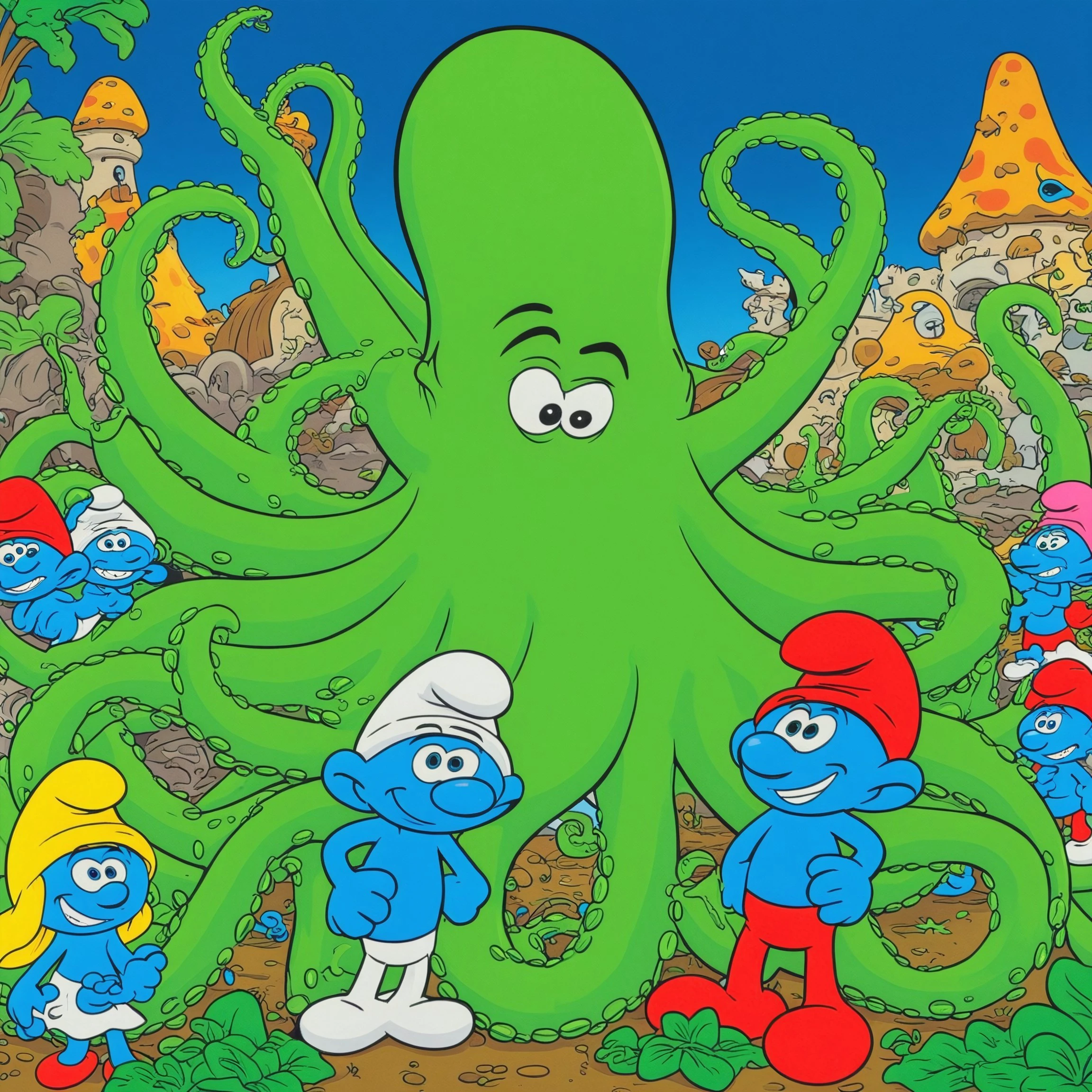 Smurfs1024, giant green tentacles, zoo, cartoon, bright colors, in the style of Frank Kozik