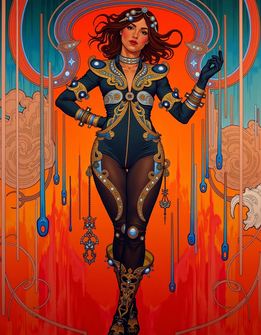 <lora:Alphonse Mucha_epoch_8:1>, mucha_style, a painting by Alphonse Mucha depicting a woman wearing a cyberpunk jumpsuit, neon lights