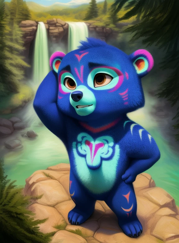 <lora:KodSpiRanYiff:1> KodSpiRan, bear, dark blue fur, chibi, brown eyes, patterns on the body,
[  solo, (nature), forest, day, clouds, waterfall,  ]  ((Hands on hips, standing, hand behind head, high-angle view,))
(beautiful, aesthetic, perfect, delicate, intricate, saturated colors), masterpiece, digital drawing, best quality,
[by kenket|by totesfleisch8], by thebigslick:by silverfox5213:0.8], [by syuro, by paloma-paloma::0.2, (Tricksta, TotesFleisch8)