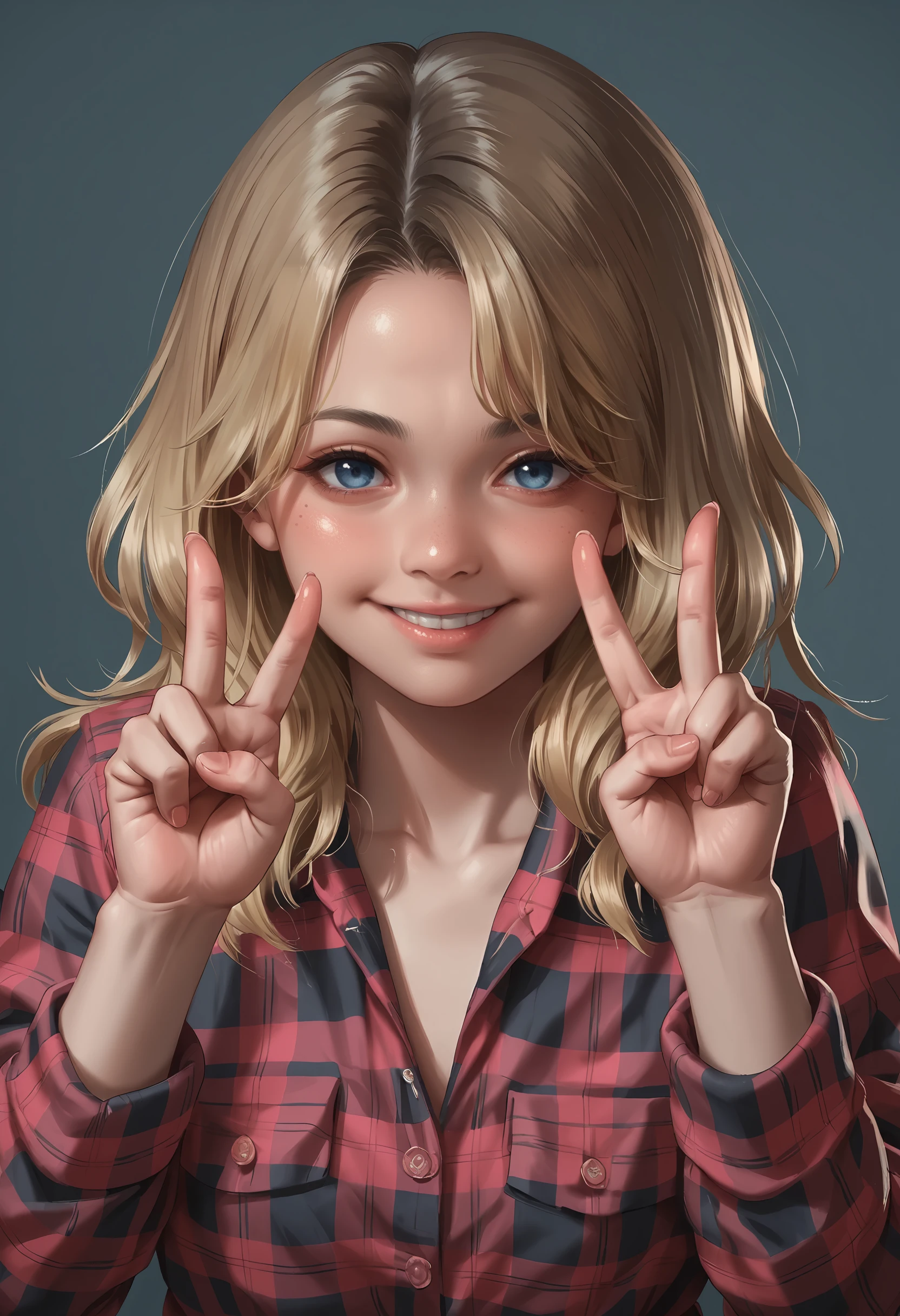 score_9, score_8_up, score_7_up, score_6_up, score_5_up, score_4_up, 1girl, <lora:BeccaWoolettRER:0.75> solo, blue eyes, wavy hair, blonde hair, long hair, plaid shirt, shirt, plaid, upper body, smile, looking at viewer, v sign, double v, 
light blue background, simple background,