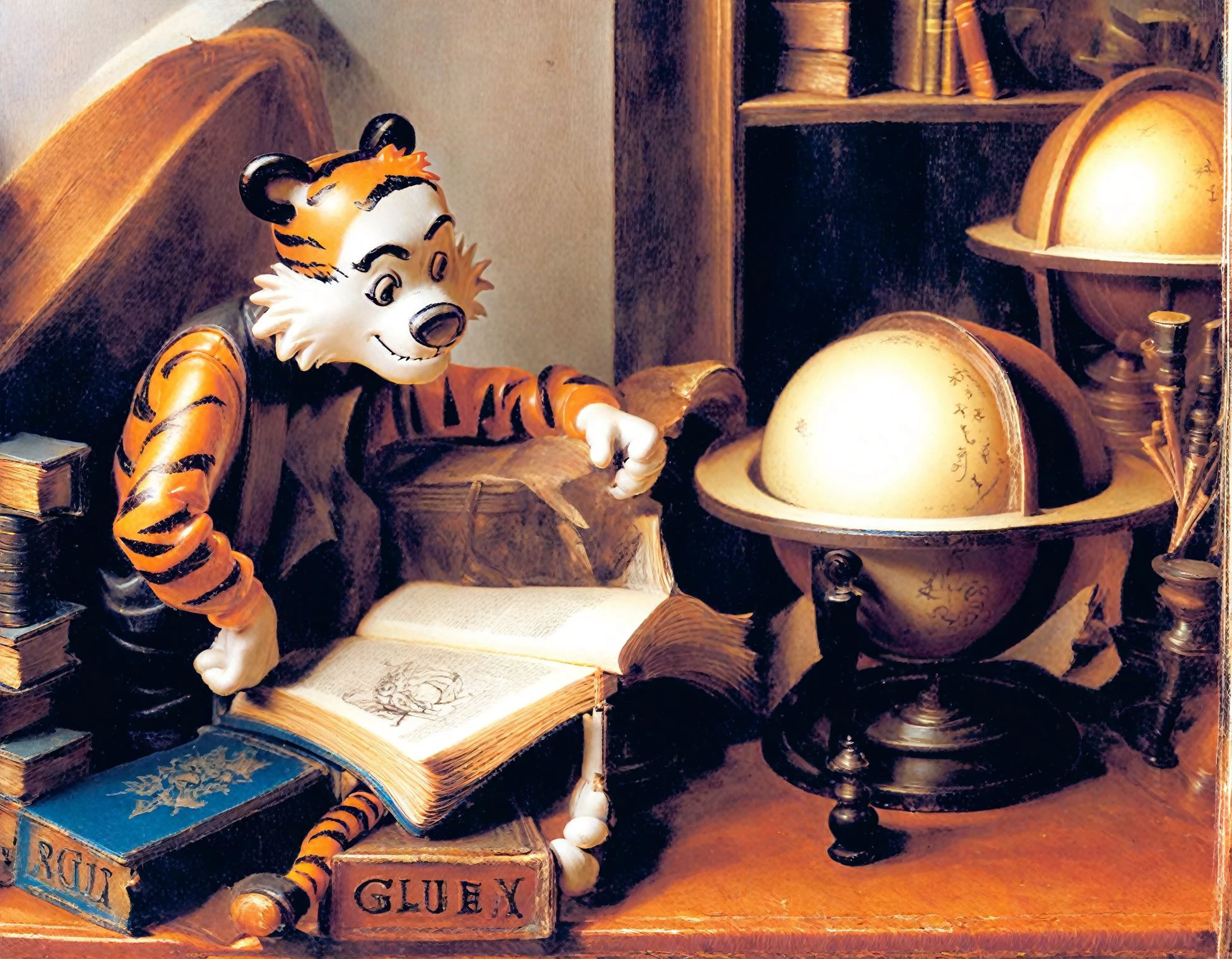 <lora:gerrit-dou_pony_v1:1>    'still life with globe,lute,and a toy tiger ' by dou gerrit in 1635,still life \(genre\),baroque \(style\),books-and-letters,still life,the artwork is a still life <lora:Hobbs V1:1> hobbesca, tiger, furry, score_9, score_6_up, score_7_up