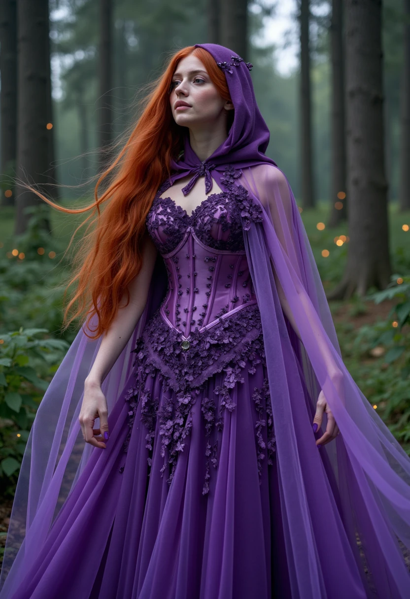 A woman with flowing long red hair gazes at the viewer softly. her violet dress is hud_m0thern4ture, a stunning full-length gown with a fitted bodice and a flared skirt. consisting of a corset, see-through hooded cape. the setting is a forest with fireflies