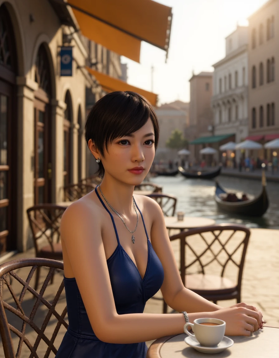 <lora:Chitose Fujinomiya_epoch_23:0.85> Video game screenshot. A peaceful scene of Chitose Fujinomiya sitting at an outdoor café in Venice, gazing thoughtfully into the distance. She has short hair and wears blue dress. On the table in front of her sits a delicate cup of tea, with a small saucer beside it. The café is surrounded by classic Venetian architecture, with arched windows and intricate stonework. In the background, a canal with gondolas floats gently by, and the warm, golden light of the late afternoon sun bathes the scene, casting soft shadows on the cobblestone street.