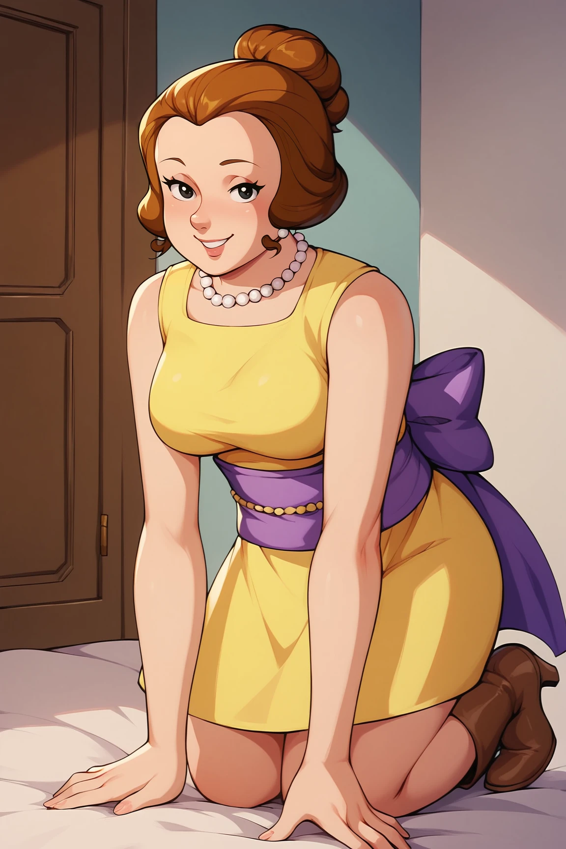 score_9, score_8_up, score_7_up, score_6_up, BREAK, KMammiMMXL, black eyes, brown hair, short hair, single hair bun, pearl necklace, medium breasts, mature female, yellow dress, sleeveless, purple sash, yellow skirt, brown boots, high heels, solo, full body, all fours, seductive smile, looking at viewer, indoors <lora:KMammiMMXL:1>