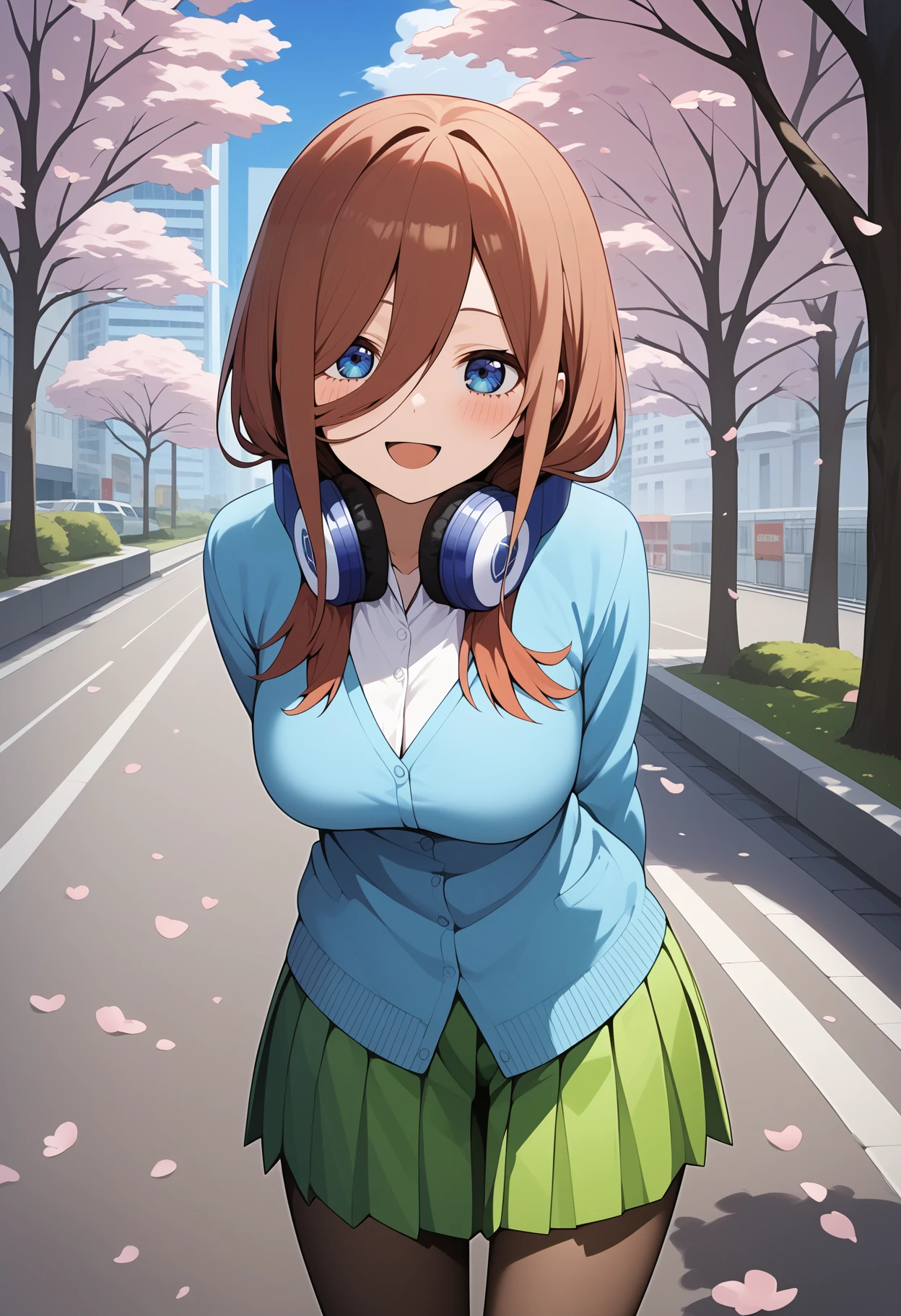 score_9, score_8_up, score_7_up, score_6_up, score_5_up, score_4_up, source_anime, aamiku, long hair, brown hair, blue eyes, headphones, headphones around neck, breasts, white shirt, light blue cardigan, long sleeves, pleated skirt, green skirt, black pantyhose, <lora:nakano_miku_ponyxl_v1:0.9>, smile, open mouth, standing, cowboy shot, leaning forward, bent over, outdoors, cherry blossoms, arms behind back, road, city