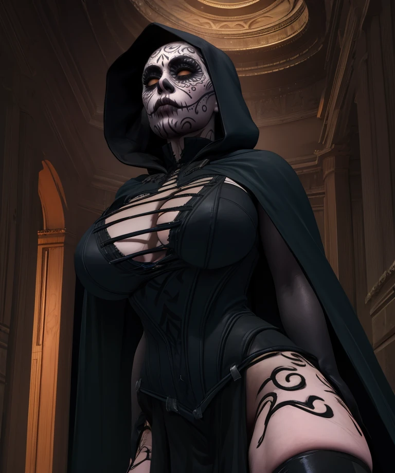 ladethdp,white eyes,facial mark,
hood,black dress,cleavage,cape,
from below,
night,dark shadows,
(insanely detailed, masterpiece, best quality) solo,<lora:LadeathDP:0.8>,