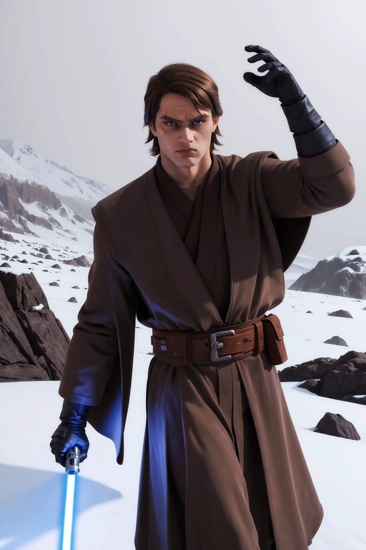 score_9, score_8_up, score_7_up, score_6_up,score_5_up,score_4_up, imtdanakin, 1boy, solo, holding, lightsaber, energy sword, fight pose, holding with two hands, snowing, snowy landscape, epic landscape, apocalyptic landscape, brown hair, medium hair, gloves black gloves, scar, belt, bangs, scar on one eye, scar across the eye, blue eyes, brown clothes, robe, coat, expressionless, looking at viewer, dark background, rating_questionable.
