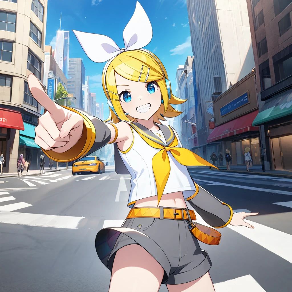 1girl, kagamine rin, vocaroid, masterpiece, very aesthetic, absurdres, official art, newest,
default rin, solo, blonde short hair, blue eyes, swept bangs,  cowboy shot,
(looking at viewer:1.4), grin, reaching towards viewer, pointing at viewer, legs apart, BREAK
headphones, hair ornament, hairclip, headset, white shirt, sleeveless shirt, grey sailor collar, yellow neckerchief, white hair ribbon, grey arm warmer, detached sleeves, orange belt, 
beautiful blue sky, intersection, busy street, skyscraper, 
 <lora:sdxl-vs-DefaultRin01:0.8:lbw=0,0,0.2,0.2,0,0.4,0.4,0,0.8,0.8,0,0,0,0.8,0.8,0.6,0.8,0.0,0.0,0.0,0,0,0,0,0,0>