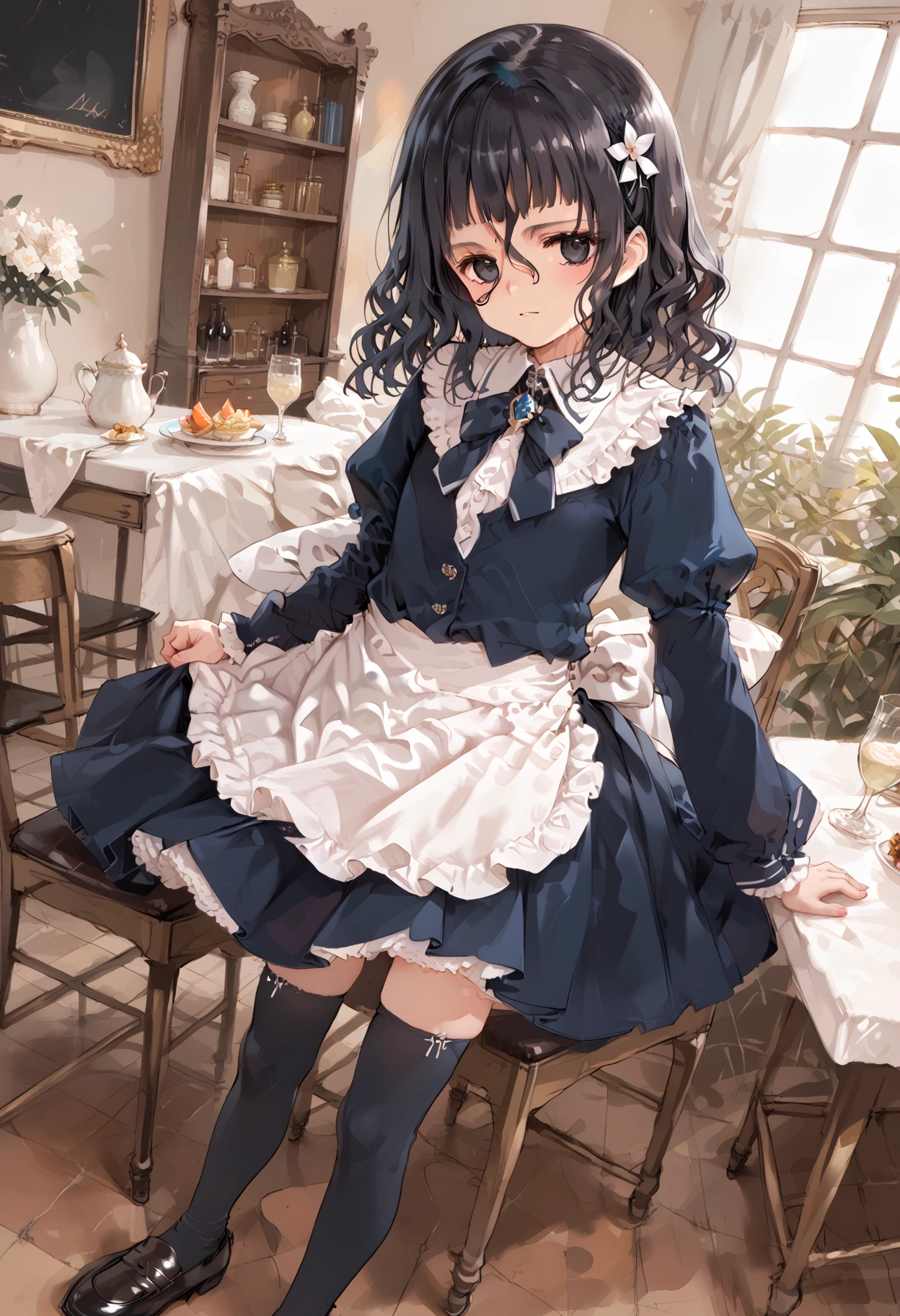 score_9,score_8_up,score_7_up,source_anime BREAK masterpiece,best quality,very aesthetic,absurdres,1girl,
<lora:thouka_p_v1.1:1>,thouka,black hair,black eyes,hair between eyes,white brim,maid,black_thighhighs,loafers,<lora:Fixhands_anime_bdsqlsz_V1:1>,light_blush,cinematic_angle,looking_at_viewer,cafe,, masterpiece,best quality, very aesthetic, absurdres, ultra detailed, high resolution, 4k, extremely detailed CG,